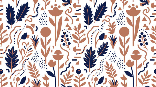 Modern floral seamless pattern with blue leaves and rustic brown plants and dotted shapes.