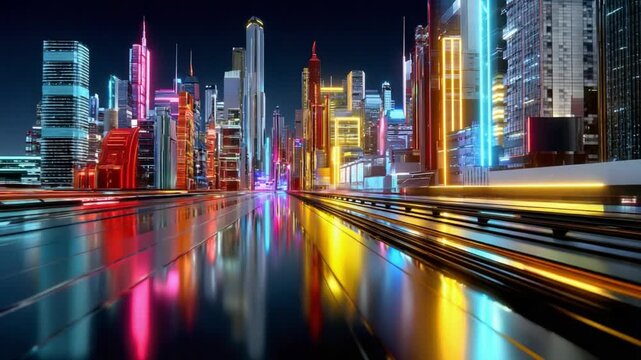 Neon Metropolis: A futuristic cityscape glows with vibrant neon lights, casting colorful reflections on the wet street below, creating a dazzling spectacle of urban splendor.