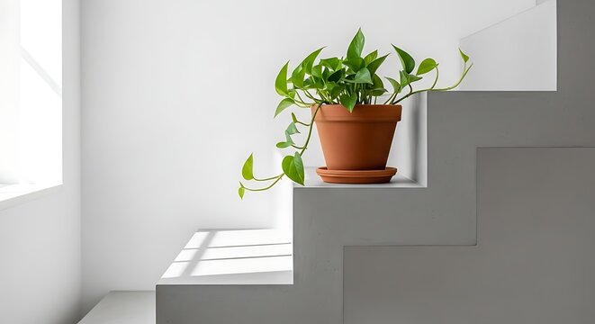 Potted Pothos Plant on Modern Grey Staircase with Sunlight.