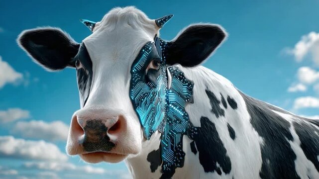 Cyborg Cow with Futuristic Design: A black and white spotted cow with striking blue technological implants and circuitry on its face stands in a field under a bright blue sky.