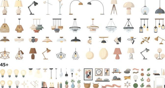 Modern interior lighting fixtures collection featuring stylish table lamps hanging chandeliers ceiling lights and floor lamps vector design elements