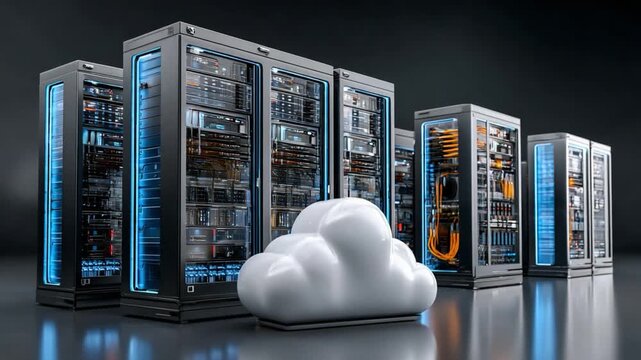 Cloud Computing Data Center: A futuristic data center with rows of server racks illuminated by blue and orange lights, symbolizing the power and innovation of cloud computing.