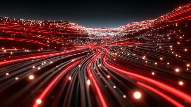 Red Digital Stream: An abstract digital landscape depicts a flow of glowing red lines and particles, suggesting data transfer and high-speed connectivity.