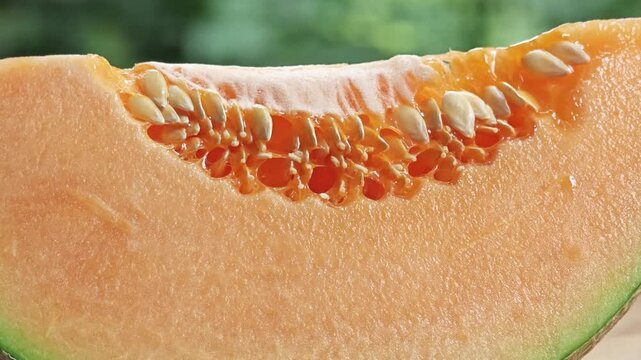 Melon cantaloupe on wooden board. Zoom in.