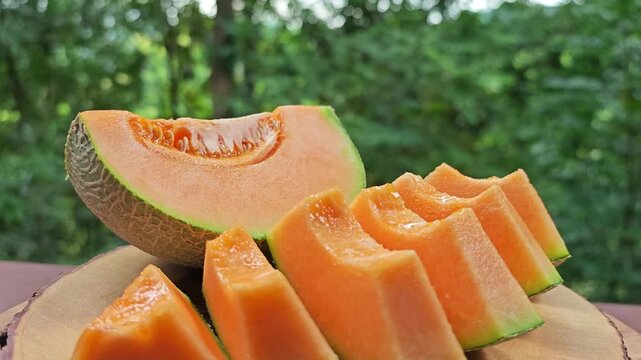 Melon cantaloupe on wooden board. 
