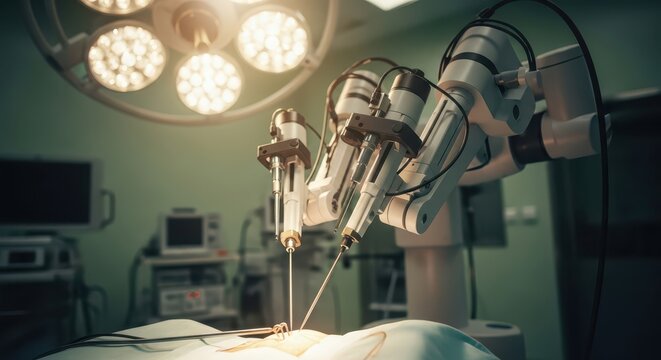 Advanced robotic surgical system performing minimally invasive procedure in operating room with surgical lights