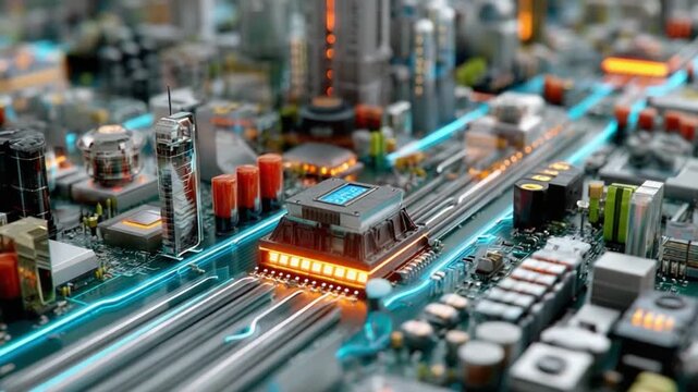 Circuit Board Cityscape: A futuristic metropolis is built upon a complex circuit board, with glowing neon lines connecting towering buildings.