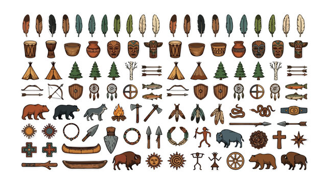 Native American tribal vector icon set, traditional indigenous culture and heritage symbols, ancient ethnic elements collection, historical design assets for cultural projects.