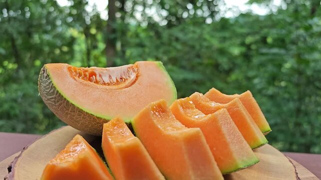 Melon cantaloupe on wooden board. Zoom in.