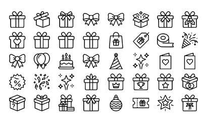 Gift box thin line icon set with presents ribbons celebration rewards and holiday outline symbols on transparent background © Jahangir