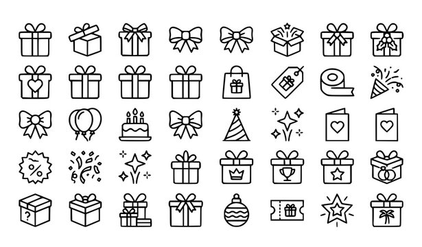 Gift box thin line icon set with presents ribbons celebration rewards and holiday outline symbols on transparent background