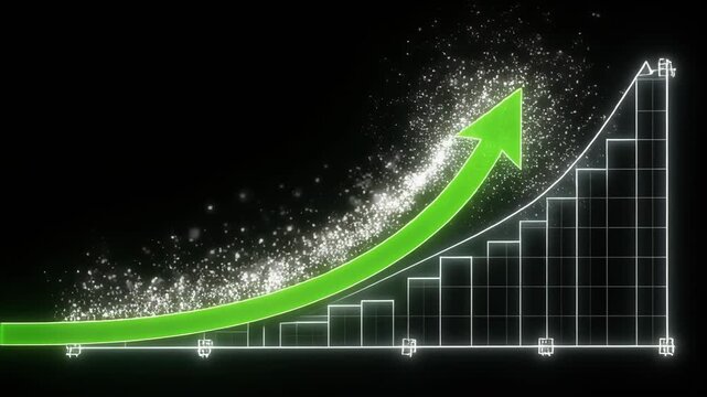 Green arrow chart showing financial growth with particles during a successful business increase