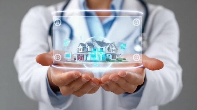 Medical Innovation: A medical professional in a white coat holds a transparent tablet displaying a 3D model of a house and medical icons.