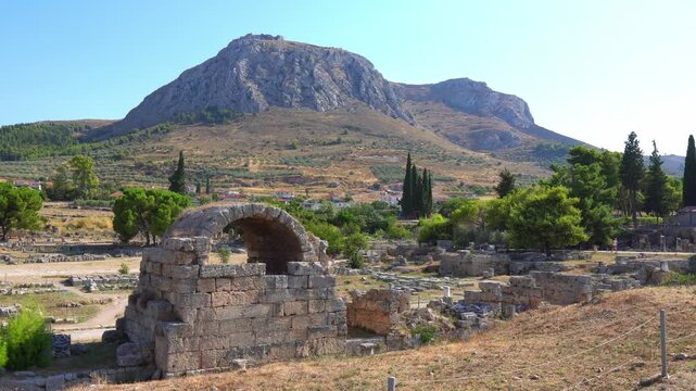 Ancient Corinth ruins with Acrocorinth mountain landscape