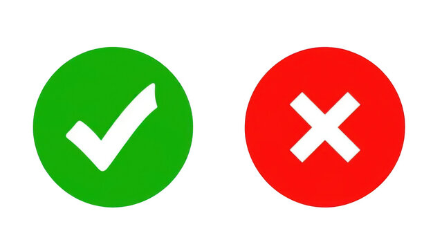 Green check mark and red cross symbol icons isolated on white background