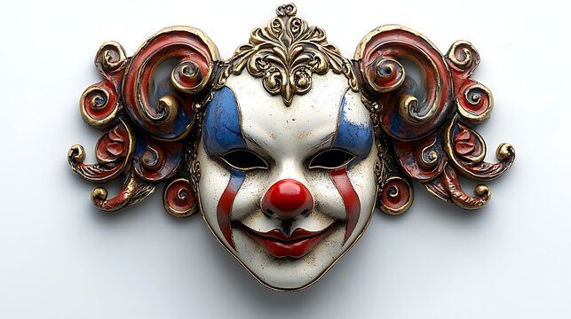 Ornate venetian style clown mask with gold filigree, red nose, and blue accents on a clean white background