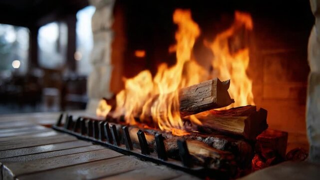 Roaring Fireplace Glow: Warm, dancing flames consume seasoned logs in a rustic fireplace, casting an inviting glow and a sense of cozy comfort.