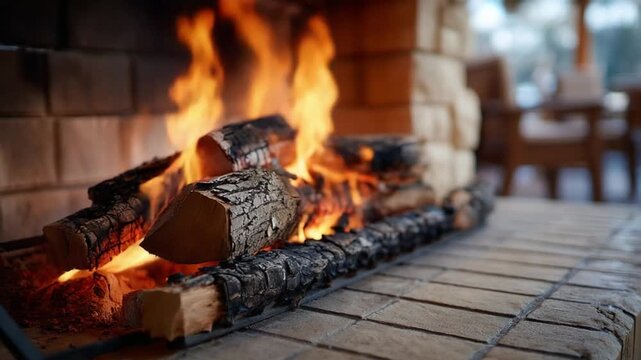 Warm Hearth Glow: Crackling logs ignite a vibrant flame within a brick fireplace, casting a cozy, inviting ambiance perfect for a relaxing evening.