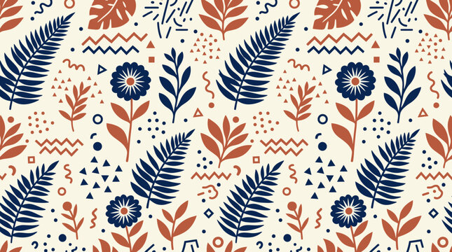 Vintage inspired seamless pattern with dark blue ferns and rust orange flowers on cream.