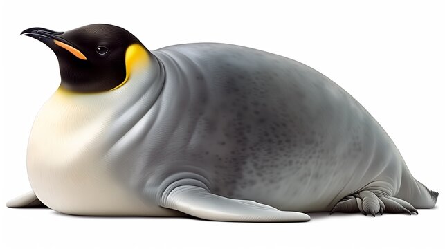Smooth sleek king penguin seal marine hybrid chimera creature realistic render isolated white backdrop, aquatic wildlife fusion graphic for marine brand poster textile wall print design layouts