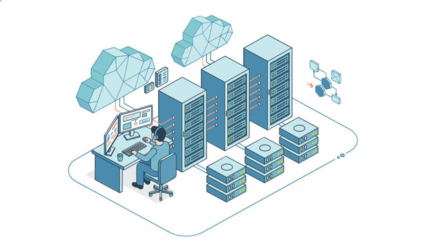 Network engineer monitors cloud databases and data storage servers from a modern dual-monitor workstation.