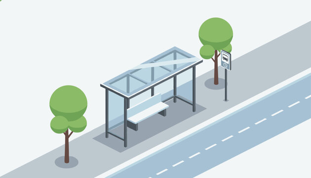 Modern city bus stop features a glass shelter and a white bench next to a paved road with green trees.