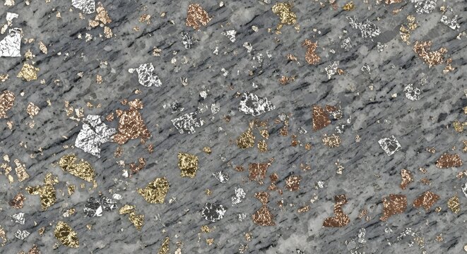 Granite surface with embedded metallic flakes of gold silver and copper creating a terrazzo effect.