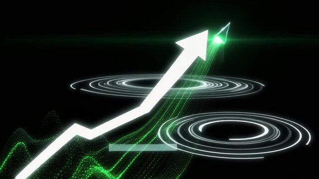 Green financial growth arrow rising with data circles on black background cinematic motion