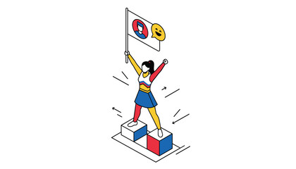 Naklejka premium Cheerleader girl holding a brand flag with a customer icon and happy emoji while standing proudly on blue and red isometric winner blocks.