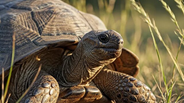 An ancient land tortoise navigates through the wild grass during a golden summer afternoon while showcasing its weathered shell and curious face in its natural habitat within the African