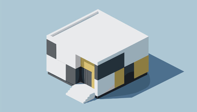 Modern architecture building designed with minimalist geometric concrete panels in grey, white, and gold colors in an isometric perspective.