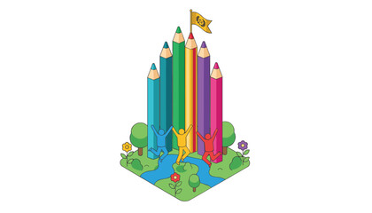 Naklejka premium Creative education concept showing children celebrating near huge colored pencils with victory flag on top.