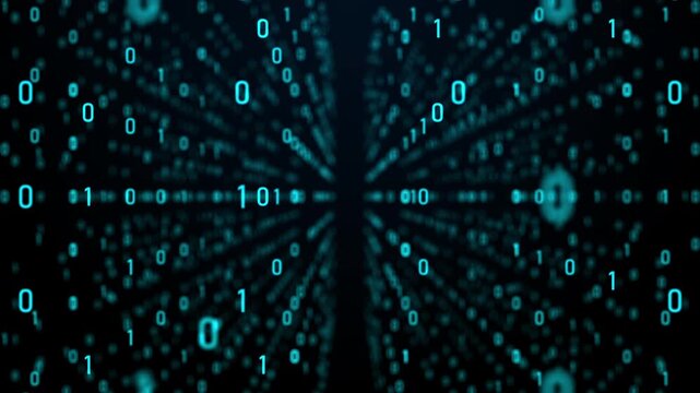 Glowing cyan digital binary code tunnel grid loops on dark background. Ideal for big data technology, cyber security matrix, futuristic cloud computing networking, and internet programming