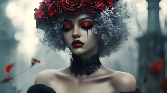 Portrait of a beautiful gothic woman with white hair and red roses crown wearing dark makeup in the fog