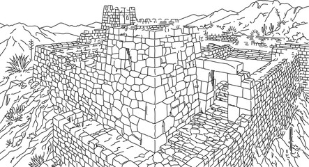 Fototapeta premium Ancient Stone Fortress Ruins Coloring Page Illustration