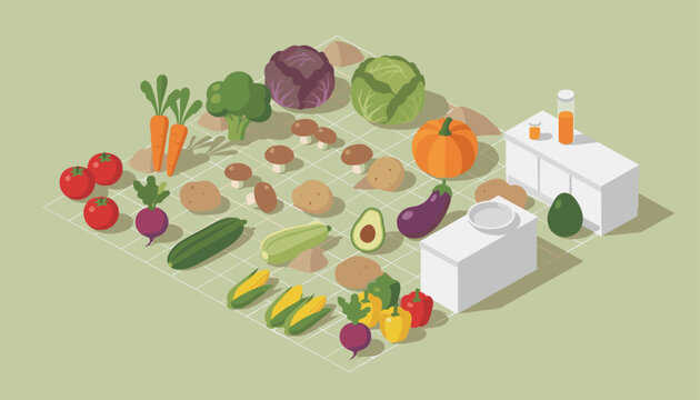 Organized organic vegetable garden plot featuring various crops such as pumpkin, carrots, broccoli, and tomatoes.