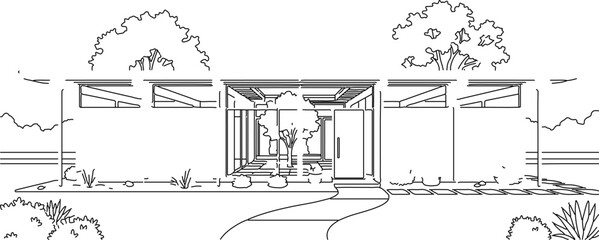 Fototapeta premium Mid-Century Modern House Architecture Line Art Illustration