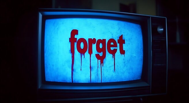 Old retro television screen showing the word forget written in a bleeding red font with a dark blue tone