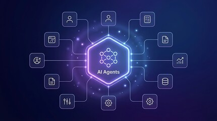 Fototapeta premium AI Agents Technology Network Concept with Connected Digital Icons on Blue Background
