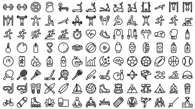 Fitness and sport line icons set, 112 minimalist gym and workout vector symbols, black outline athletic activity and healthy lifestyle signs