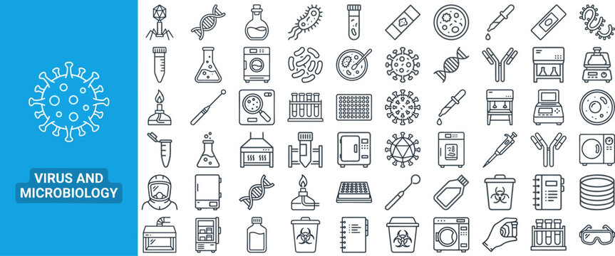 Virus microbiology outline icon set. Featuring microscope, test tube, bacteria, vaccine, and laboratory symbols. Editable stroke vector icons for medical research and diagnostic services.