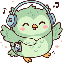 Fototapeta premium Cute Cartoon Green Owl Character Enjoying Music with Headphones and a Digital Audio Player