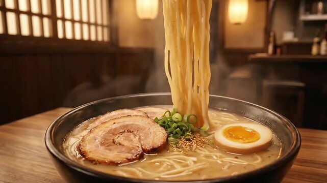 Steaming Japanese Tonkotsu Ramen with Chopsticks in Cinematic Restaurant Food Footage