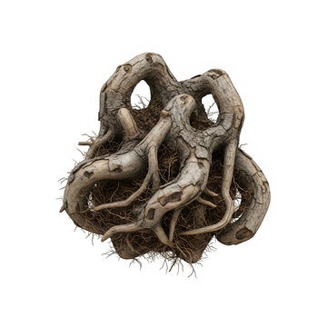 Twisted weathered tree roots ball isolated on transparent background