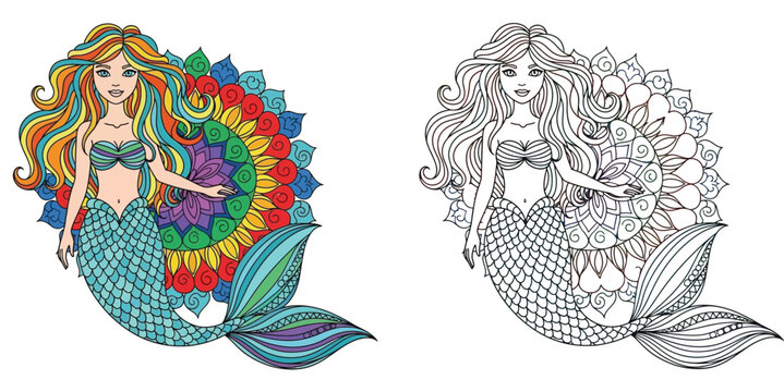 Coloring page for adults with a beautiful mermaid and mandala pattern, featuring both a colorful reference version and a black and white line art design.