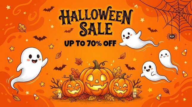 Spooky halloween sale banner up to 70 off deals on costumes decorations and treats