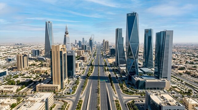 Modern Riyadh City Skyline and King Fahd Road in Saudi Arabia during Bright Natural Daylight