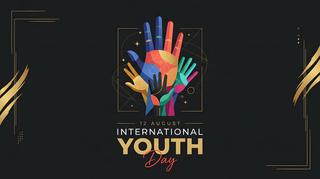 International youth day celebration poster with raised colorful hands multi cultural international