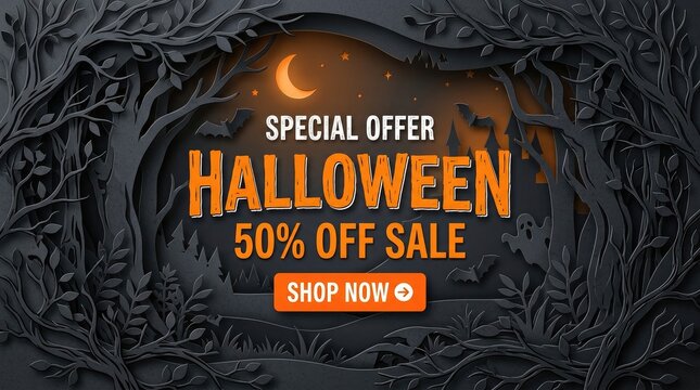 Spooky halloween sale banner 50 off deals on costumes decorations more limited time offer