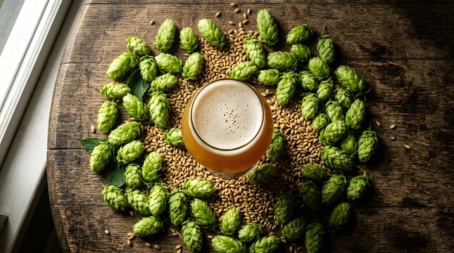Fresh hops and beer glass on rustic wooden table perfect for India Pale Ale Day / National IPA Day